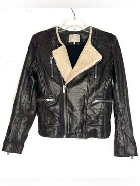 IRO Lamb Leather Moto Jacket Shearling Trim Brown Cream Size 1 Small
